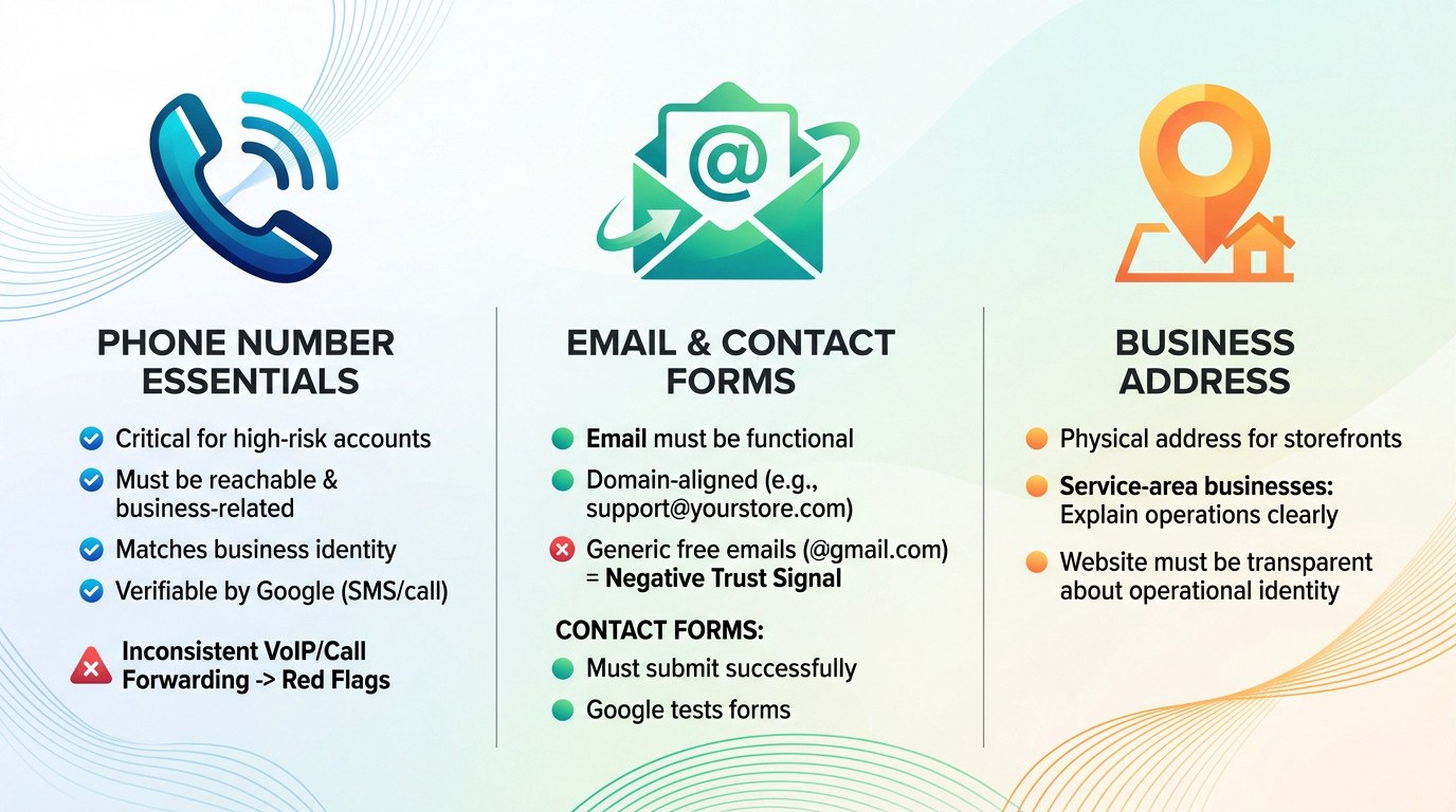 Google Merchant Center business verification contact info requirements showing phone and address fields