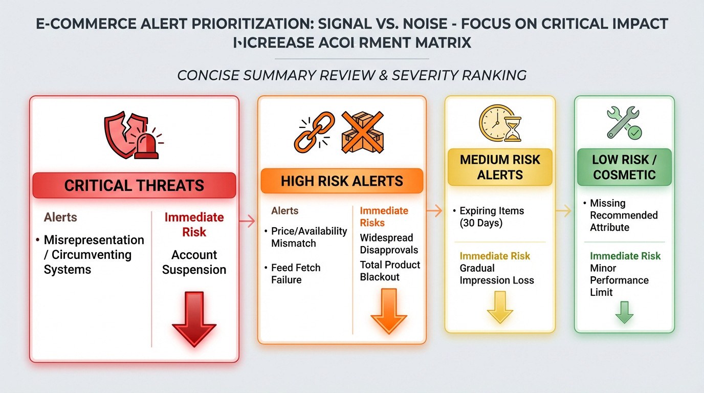 Chart illustrating the prioritization of Google Merchant Center alerts from cosmetic to critical threats
