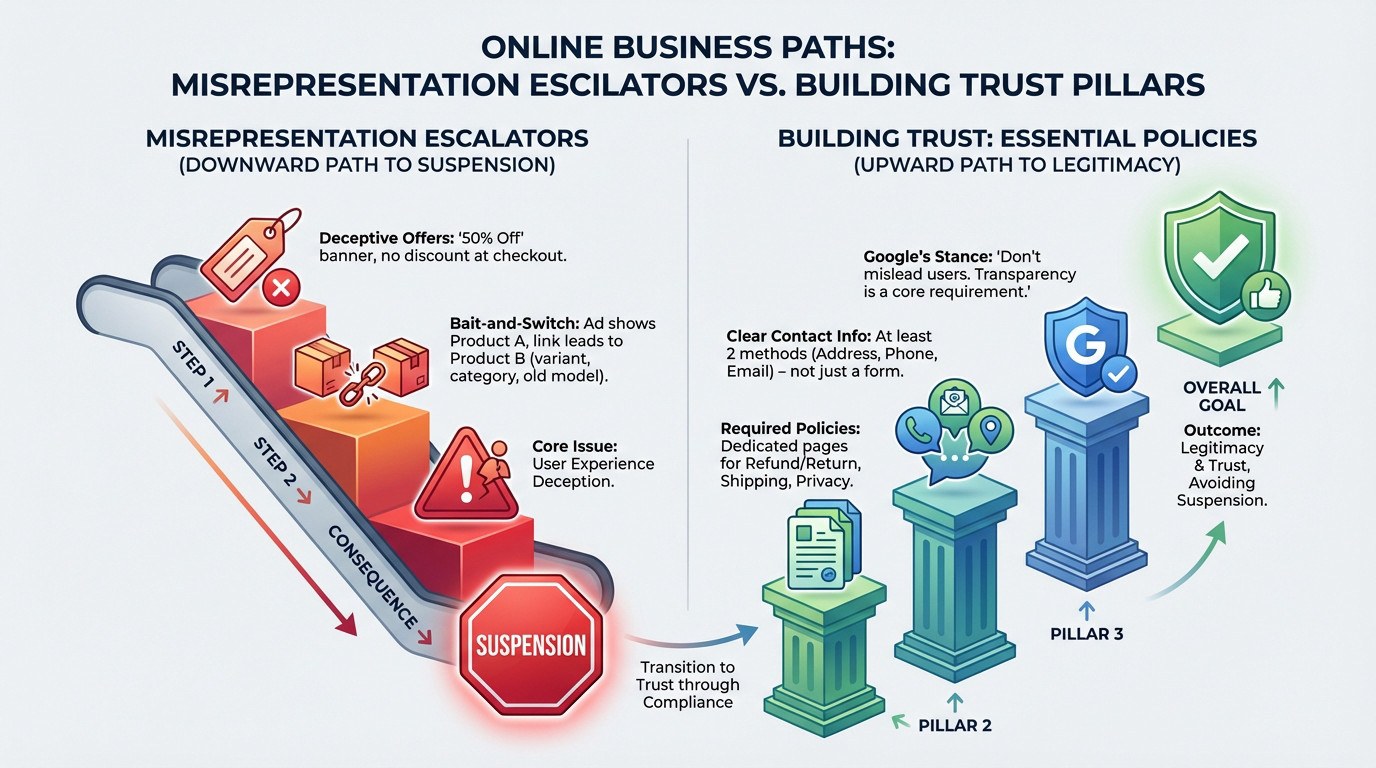 Misrepresentation escalators versus building trust pillars for Google Merchant Center compliance