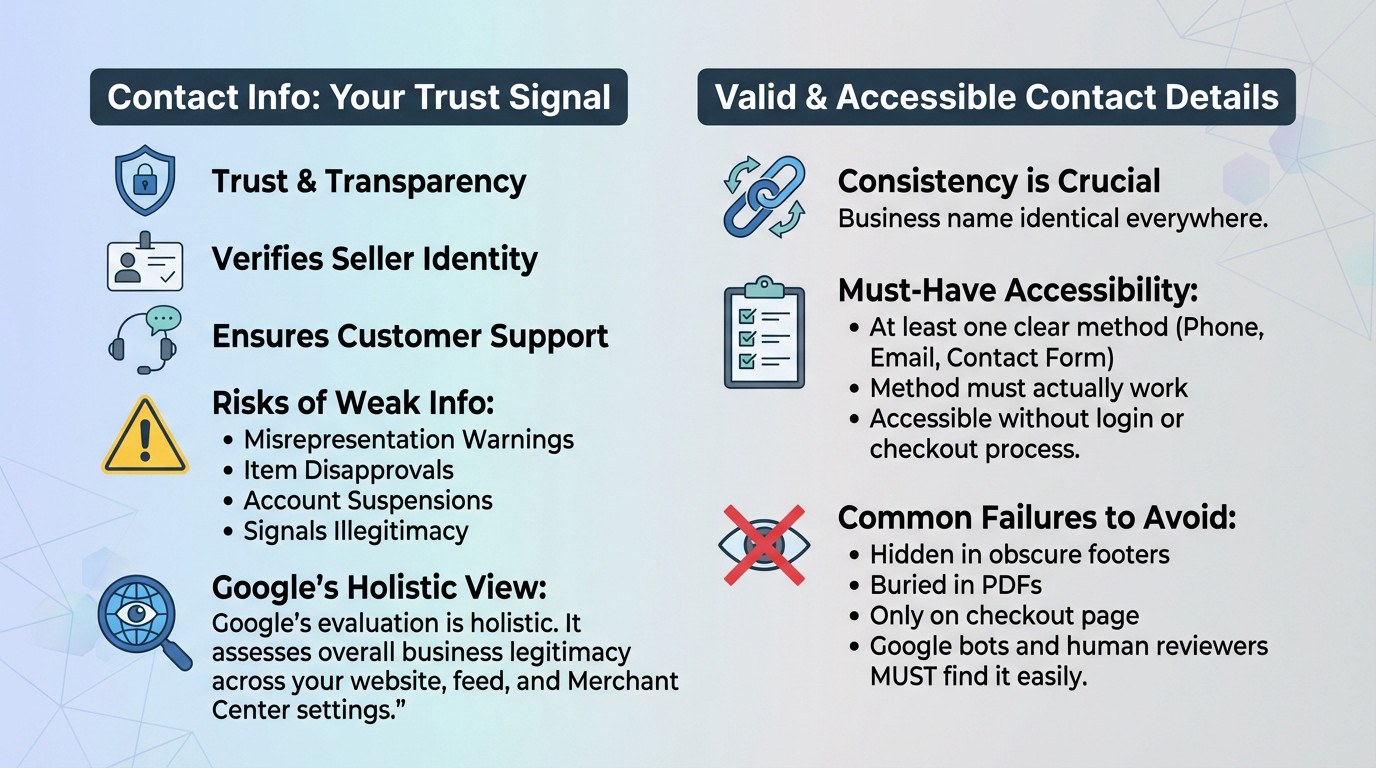 Illustration showing the importance of valid contact information for business trust and Google Merchant Center compliance