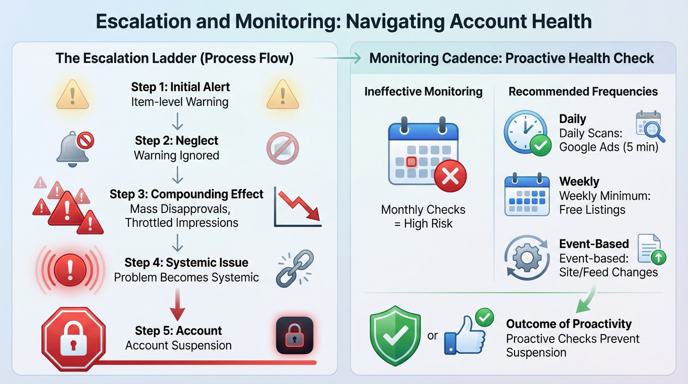 Infographic showing the escalation path from single item warnings to full Google Merchant Center account suspension