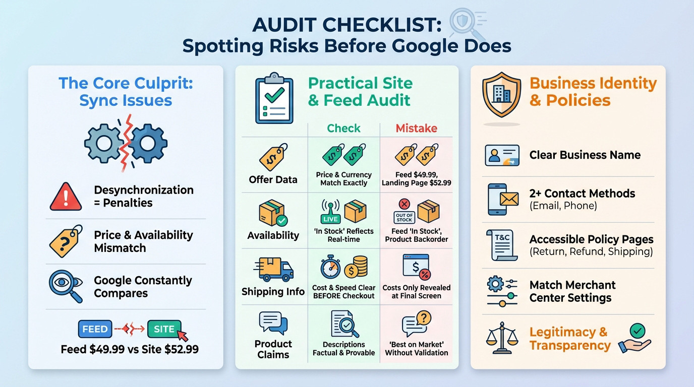 Person auditing a Google Merchant Center feed checklist on a laptop screen