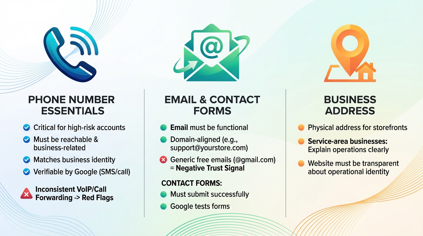 Google Merchant Center business verification contact info requirements showing phone and address fields