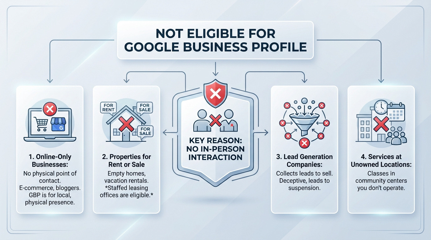 Chart showing businesses not eligible for Google Business Profile including online-only and lead gen models