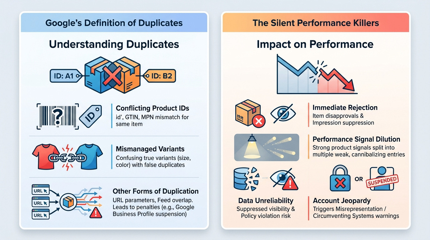 Illustration of duplicate products causing errors in Google Merchant Center interface