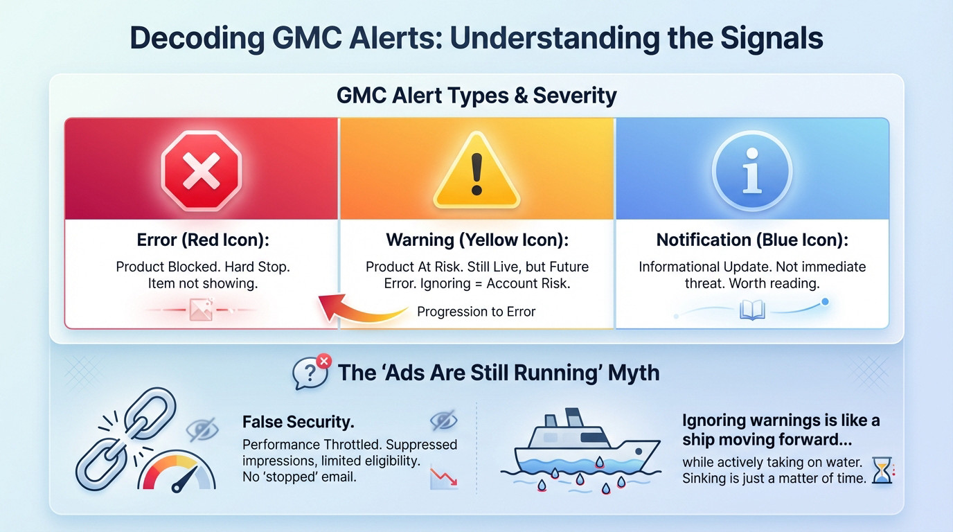 Google Merchant Center dashboard displaying error, warning, and notification icons