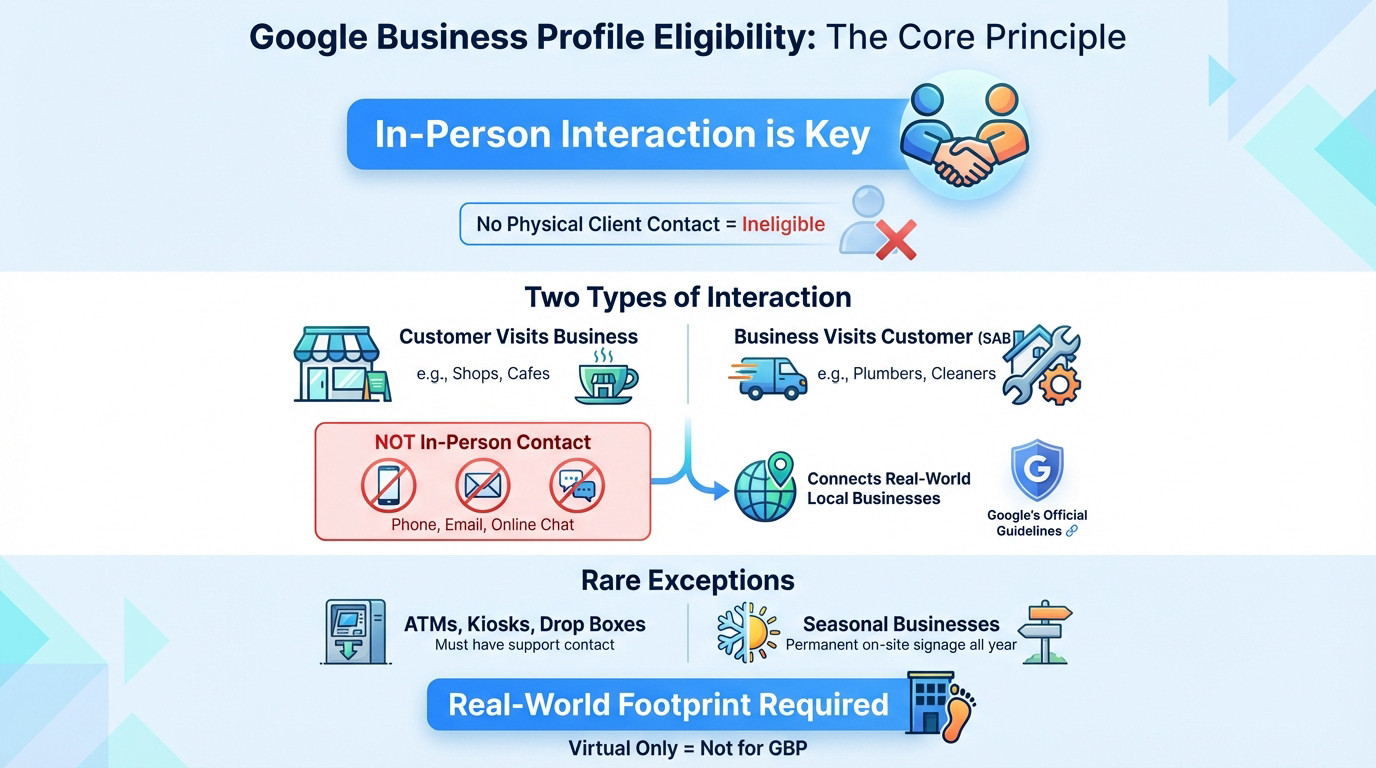 Illustration of Google Business Profile eligibility focusing on in-person contact requirements