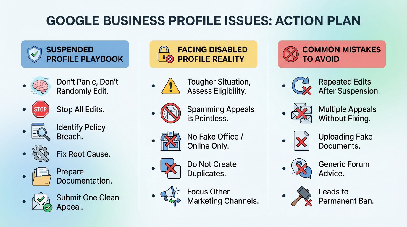 Action plan flow for fixing suspended vs disabled Google Business Profile issues
