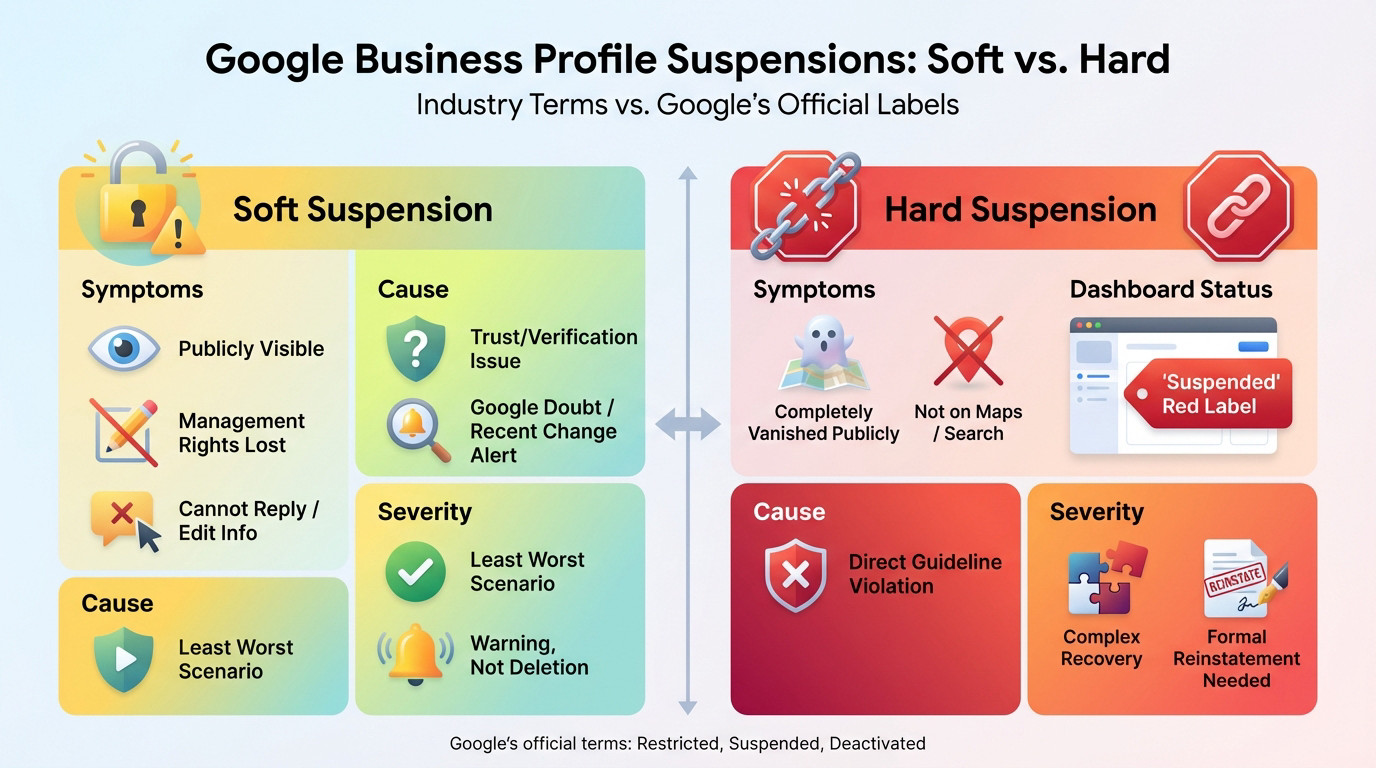 Visual comparison showing the difference between a soft vs hard Google Business Profile suspension on Maps