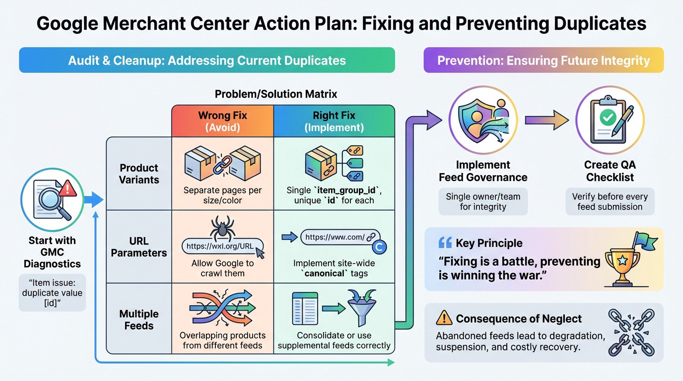 Google Merchant Center interface showing duplicate product diagnostics and resolution options