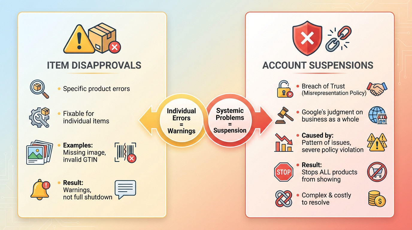 Chart comparing Google Merchant Center item disapprovals versus account suspensions