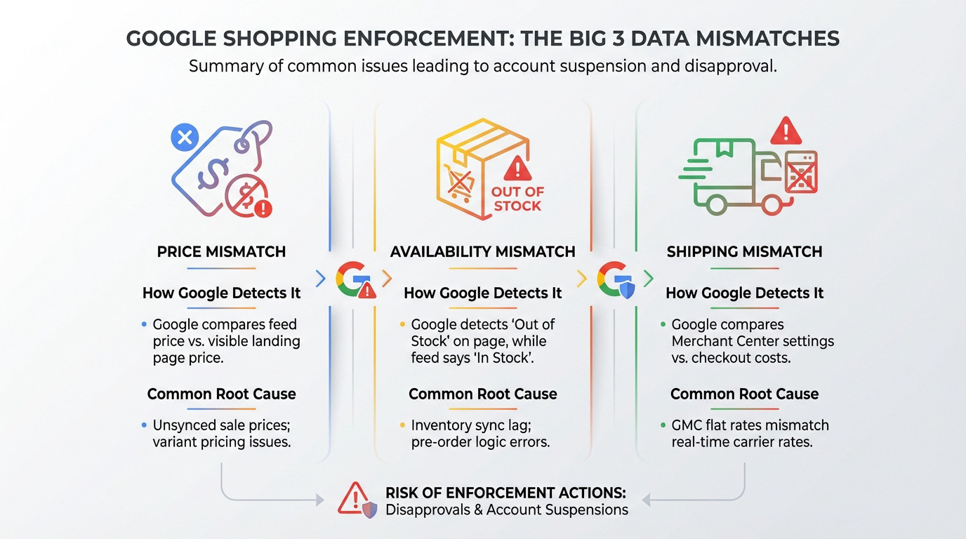 Graph showing price, availability, and shipping mismatches as top Google Merchant Center suspension triggers