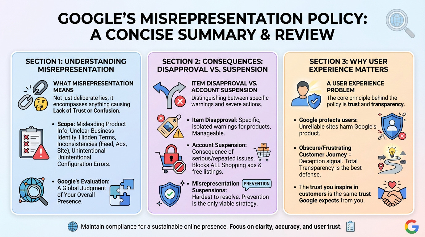 Summary of Google Merchant Center misrepresentation policy and review process