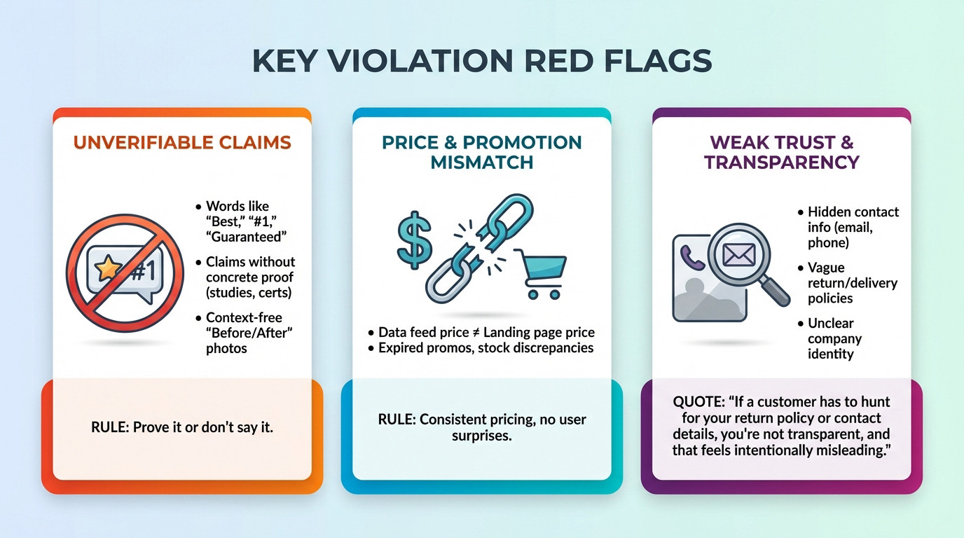 Google Merchant Center red flags: price mismatches, unprovable claims, and weak trust signals