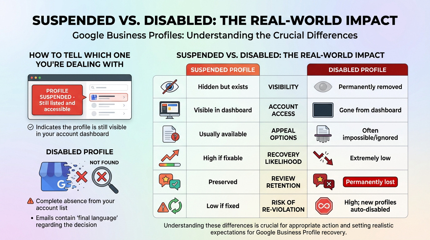 Comparison table showing the severe impact of a disabled Google Business Profile versus a suspended one