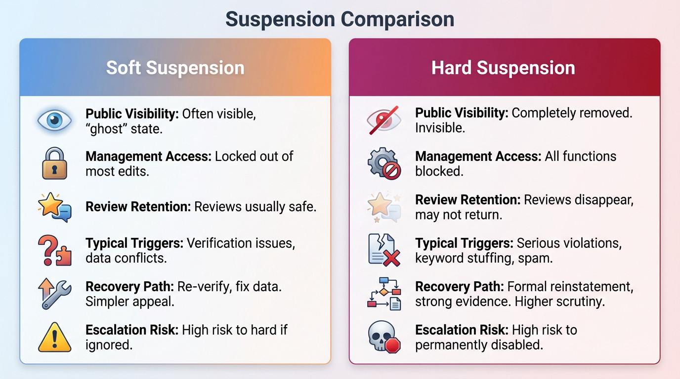 Comparison chart showing differences between soft and hard Google Business Profile suspensions