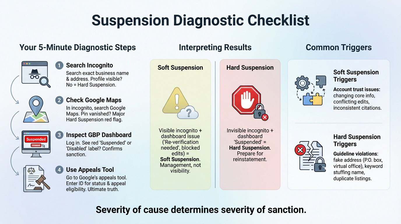 Checklist to diagnose soft vs hard Google Business Profile suspension including incognito search and dashboard checks