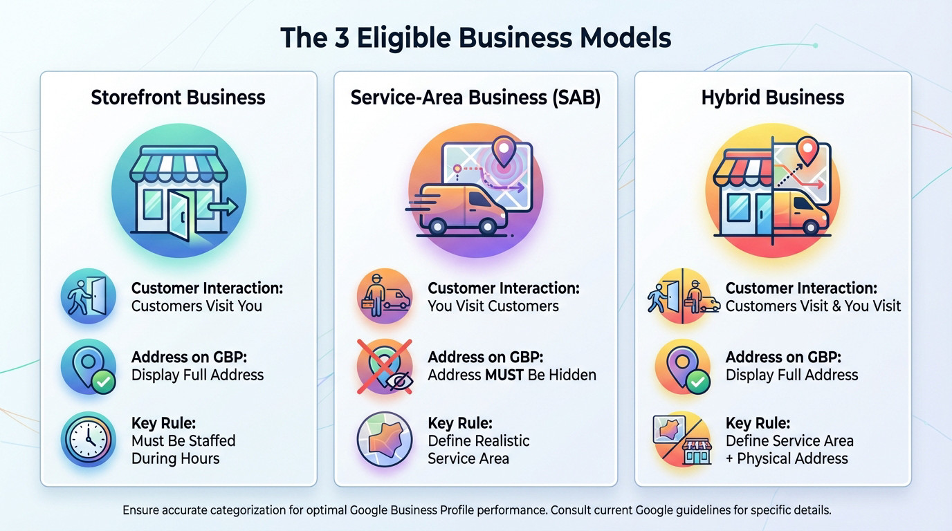 Diagram illustrating Storefront, Service Area, and Hybrid business models for Google Business Profile eligibility