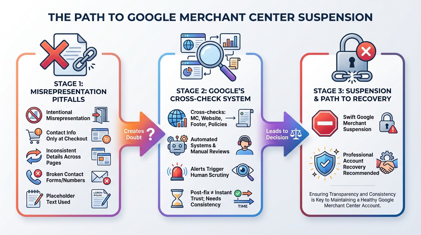 Diagram illustrating the common mistakes that lead to Google Merchant Center suspension
