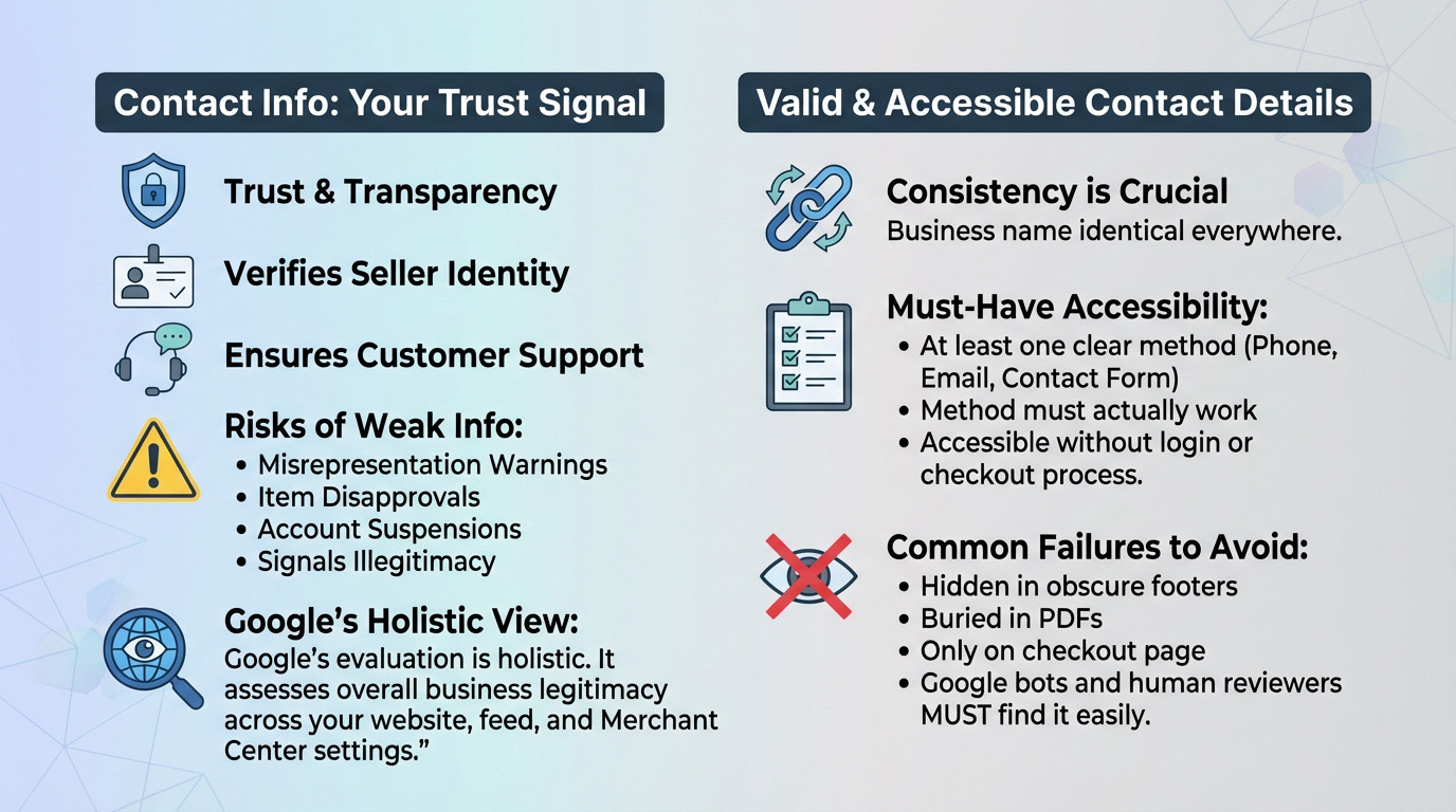 Illustration showing the importance of valid contact information for business trust and Google Merchant Center compliance